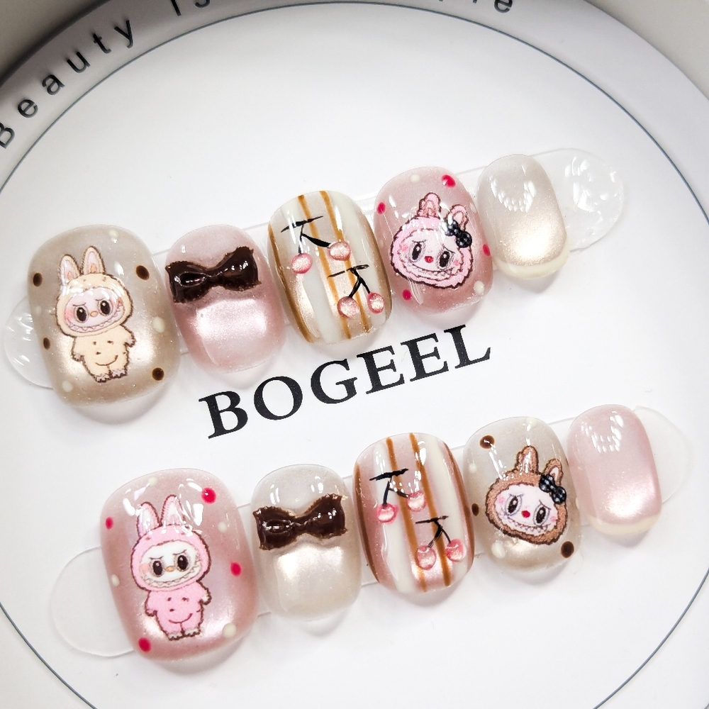 ​Labubu The Monsters Press On Nails Kawaii Pink & Brown 3D Bow Nail Art Size M